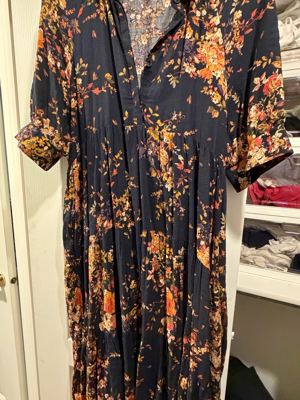 Women’s Nature Life Navy Floral Tiered Midi Dress - Casual Boho Style